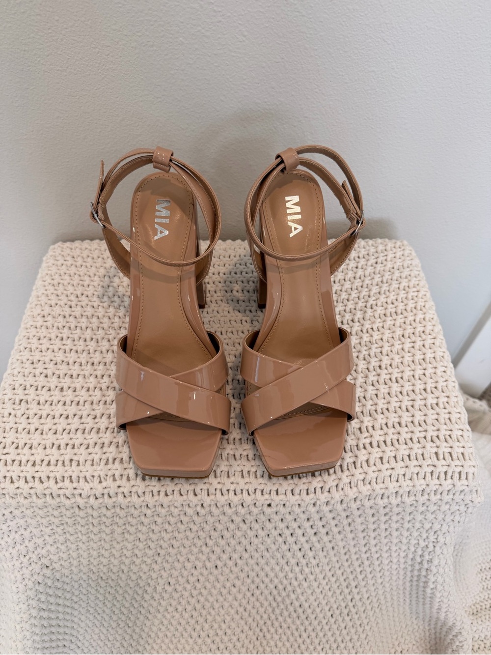 MIA Patent Nude Tan Crisscross Block Heel Sandals